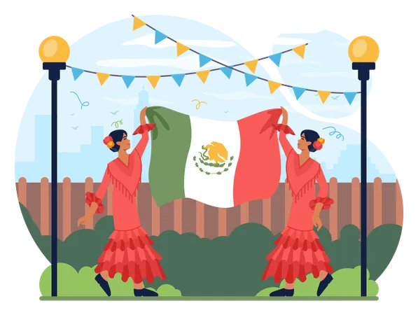 Mexican National Holidays Mexican People Wearing Traditional Clothes Mexico Dancers On A Cinco De Mayo El Dia De Muertos Festival Latin America Folk Performance Flat Vector Illustration イラスト