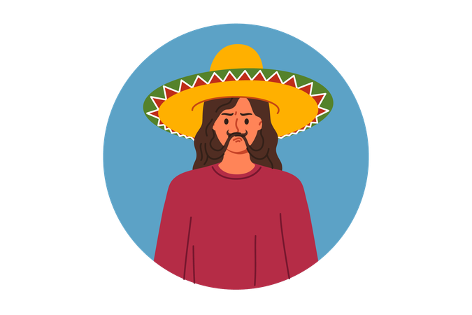 Mexican sombrero hat on head of woman making mustache out of hair and showing funny grimace  Illustration