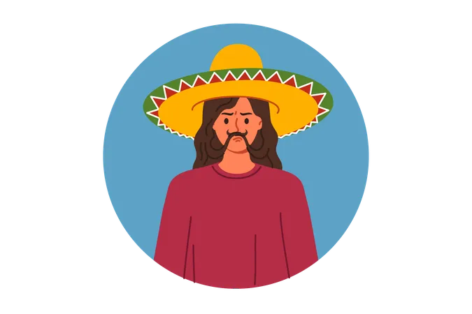 Mexican sombrero hat on head of woman making mustache out of hair and showing funny grimace  Illustration