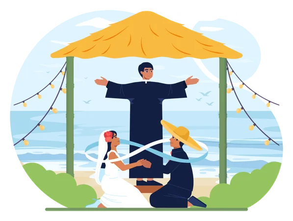 Mexican Wedding Traditional Ceremony Latin America Bride And Groom In Ethnic Dress Performing Marriage Rituals And Habits Flat Vector Illustration 일러스트레이션