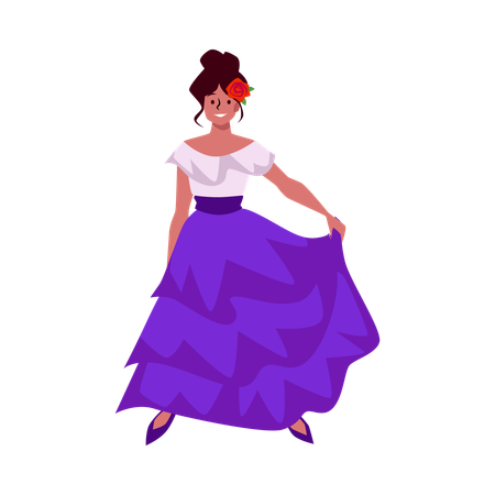 Mexican woman in long traditional dress white top blue wavy bottom  Illustration