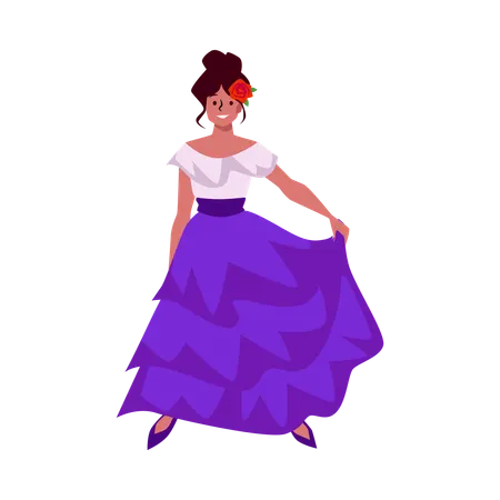 Mexican woman in long traditional dress white top blue wavy bottom  Illustration