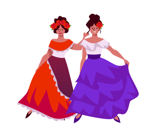 Mexican women in long traditional dress white top blue and red wavy bottom  Illustration