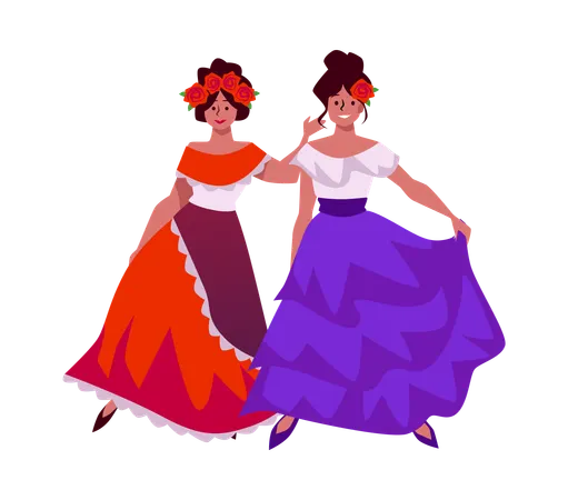 Mexican women in long traditional dress white top blue and red wavy bottom  Illustration