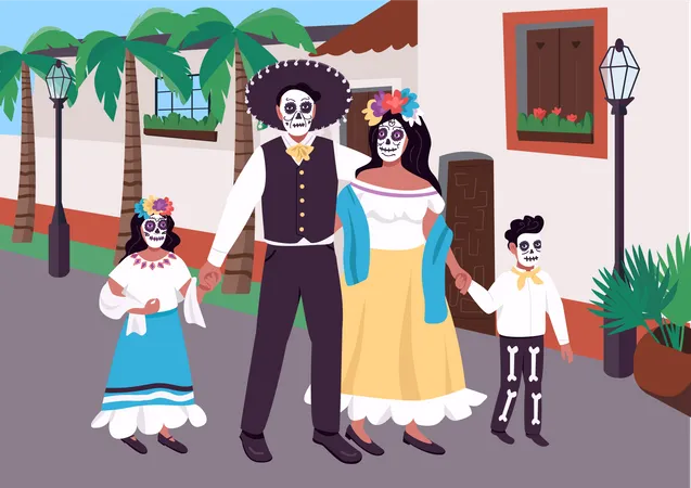Mexikanische Familie An Der Karnevalsflachfarbvektorillustration Nationalfeiertagskostume Fur Das Todesfest Eltern Mit Kindern Traditionell Gekleidete 2 D Cartoon Figuren Mit Stadtbild Im Hintergrund Illustration