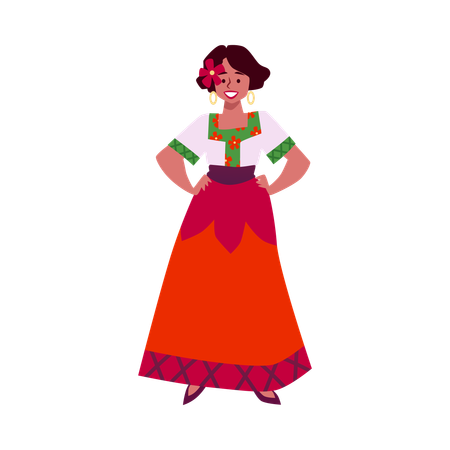 Mexikanische Frau in langem traditionellen Kleid mit Rosen geschmückt  Illustration
