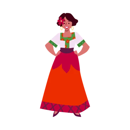 Mexikanische Frau in langem traditionellen Kleid mit Rosen geschmückt  Illustration