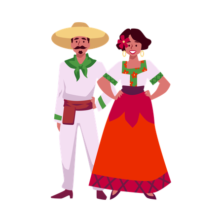 Mexikanische Modefrau im langen traditionellen Kleid mit Rosen geschmückt  Illustration
