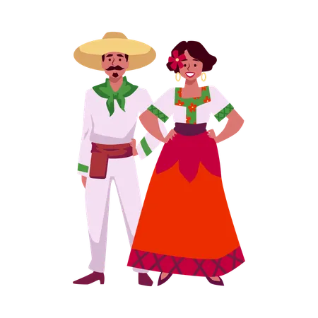 Mexikanische Modefrau im langen traditionellen Kleid mit Rosen geschmückt  Illustration