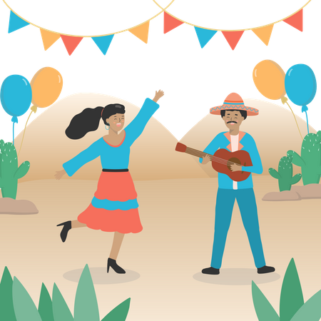Mexikanischer junger Mann spielt Gitarre und Frau tanzt  Illustration