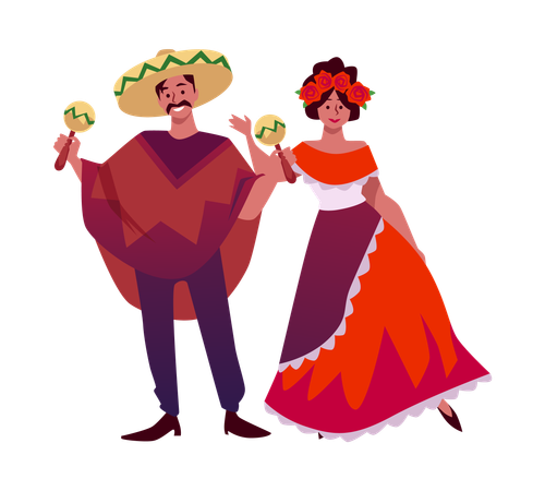 Mexikanischer Musiker mit Sombrero-Hut und Poncho spielt Maracas, Frau in traditioneller Kleidung mit Rosen  Illustration