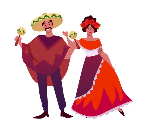 Mexikanischer Musiker mit Sombrero-Hut und Poncho spielt Maracas, Frau in traditioneller Kleidung mit Rosen  Illustration