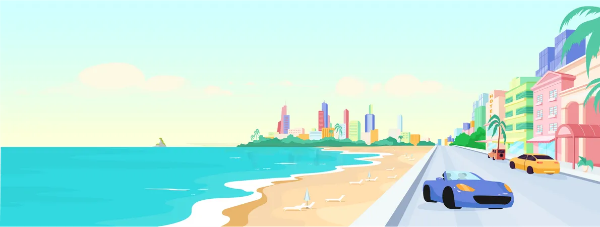 Miami Beach Bei Tag Flache Farbvektorillustration Sommerferien In Florida Stadtischer Urlaub Am Meer South Beach Panoramablick 2 D Cartoon Landschaft Mit Skyline Im Hintergrund Illustration