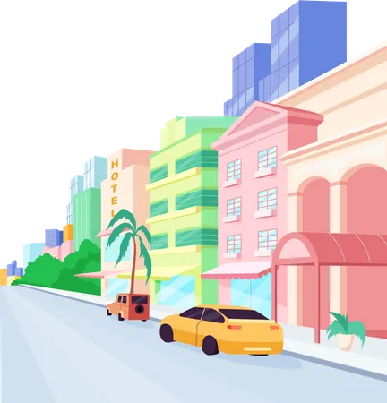 Miami Streets Flat Color Vector Object Florida Architecture And Lifestyle Modern Buildings And Luxury Cars Isolated Cartoon Illustration For Web Graphic Design And Animation Illustration