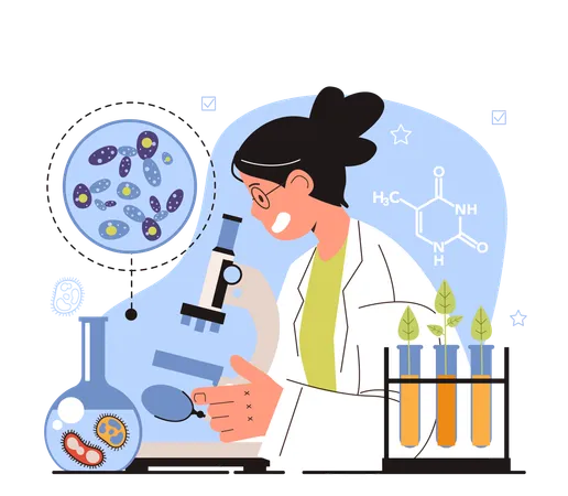 Diverse Women In Science Concept Female Character Microbiologist Study The Biology Of Microscopic Organism Viruses And Bacteria In Molecular And Cellular Level Flat Vector Illustration Illustration