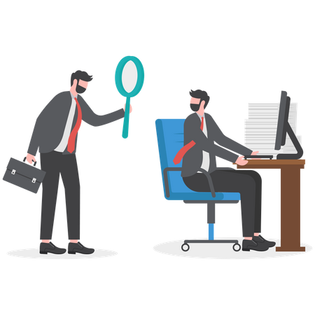 Micromanager boss using magnifying glass keep looking at employee working  Illustration