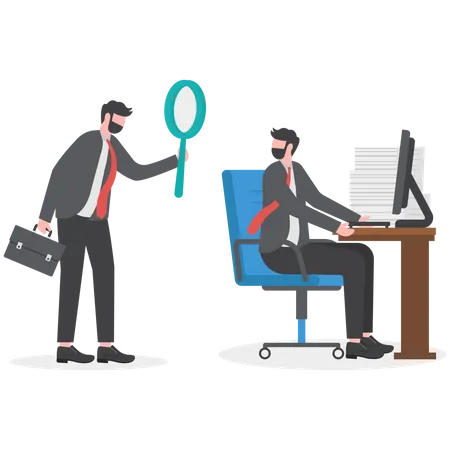 Micromanager boss using magnifying glass keep looking at employee working  Illustration