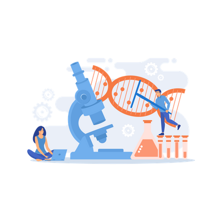 Microscope and scientists changing DNA structure  Illustration