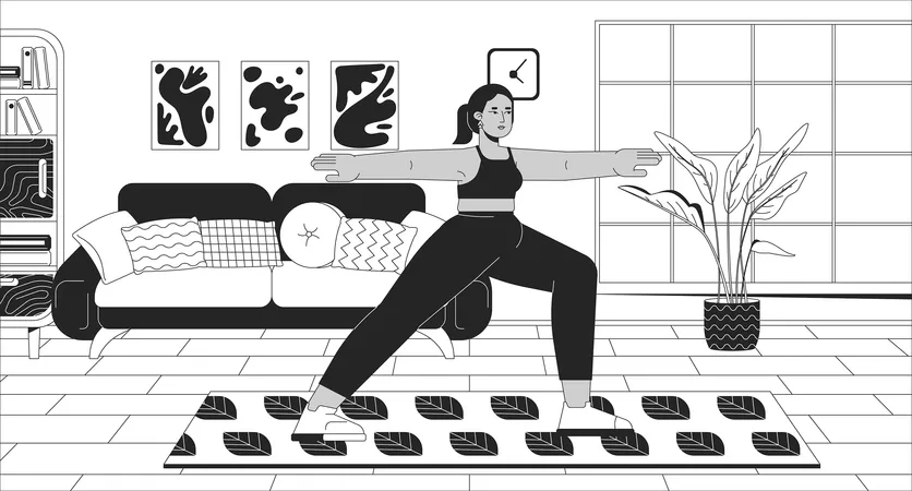 Middle Eastern Curvy Woman Doing Yoga Black And White Line Illustration Sportive Arab Female With Overweight 2 D Character Monochrome Background Home Fitness Outline Scene Vector Image Illustration