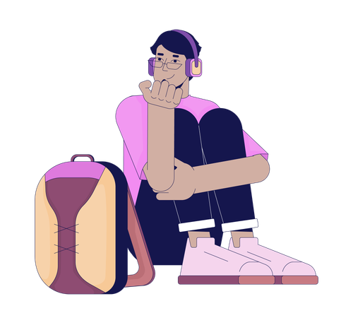 Middle eastern guy headphones sitting with backpack  Illustration