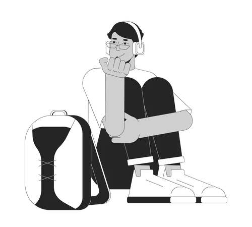 Middle Eastern Guy Headphones Sitting With Backpack Black And White 2 D Line Cartoon Character Listening To Music Student Isolated Vector Outline Person Introvert Monochromatic Flat Spot Illustration Illustration