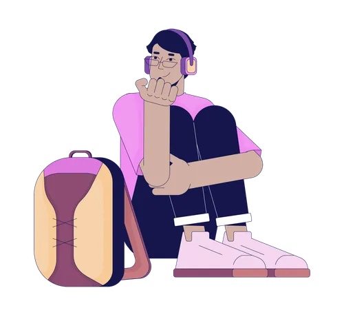 Middle eastern guy headphones sitting with backpack  Illustration