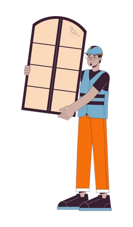 Middle Eastern Male Labourer Carrying Window 2 D Linear Cartoon Character Arab Man Contractor Isolated Line Vector Person White Background Hardhat Workman Working Color Flat Spot Illustration Illustration