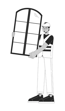 Middle Eastern Male Labourer Carrying Window Black And White 2 D Line Cartoon Character Arab Man Contractor Isolated Vector Outline Person Hardhat Workman Working Monochromatic Flat Spot Illustration Illustration