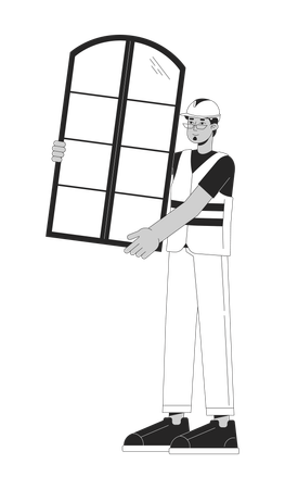 Middle eastern male labourer carrying window  Illustration