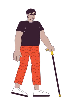 실명을 앓고 있는 중동 남자가 2 D 선형 만화 캐릭터를 걷고 있습니다 지팡이 격리 선 벡터 사람 흰색 배경을 걷는 장애인 아랍 남성 시력 문제 색상 플랫 스팟 그림 일러스트레이션