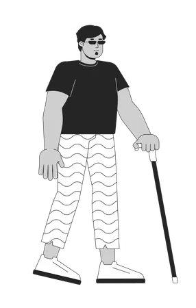 Middle Eastern Man With Blindness Walking Black And White 2 D Line Cartoon Character Disabled Arab Male Walking Isolated Vector Outline Person Eyesight Problems Monochromatic Flat Spot Illustration Illustration