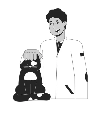 Middle Eastern Teen Boy Petting Cat Black And White 2 D Line Cartoon Character Arab Young Man Scratching Kitty Domestic Isolated Vector Outline Person Pet Owner Monochromatic Flat Spot Illustration Illustration