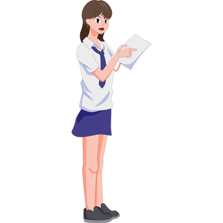 友達に紙を見せる中学生の女の子  イラスト