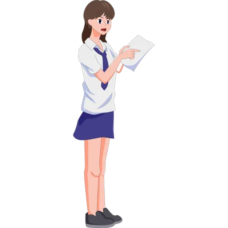 友達に紙を見せる中学生の女の子  イラスト