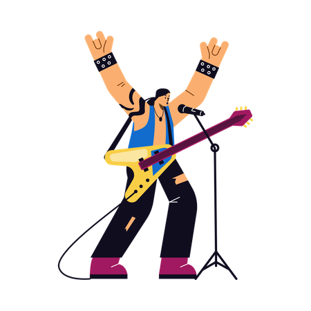 Miembro de una banda de rock tocando la guitarra y cantando.  Ilustración