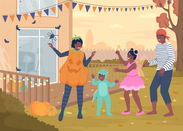 Miembros de la familia disfrazados.  Ilustración