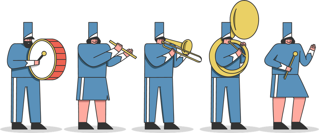 Miembros de la orquesta con instrumentos musicales vistiendo uniforme.  Ilustración