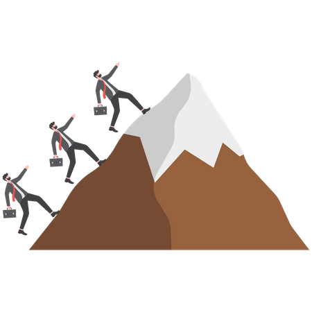 Miembros del equipo de empresarios corriendo para alcanzar la cima de la montaña  Ilustración
