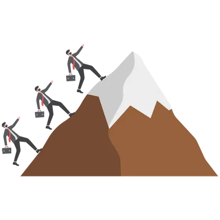 Miembros del equipo de empresarios corriendo para alcanzar la cima de la montaña  Ilustración