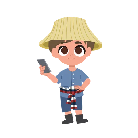 Agriculteur mignon avec smartphone  Illustration