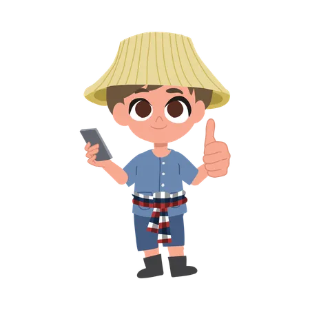 Agriculteur mignon avec smartphone  Illustration