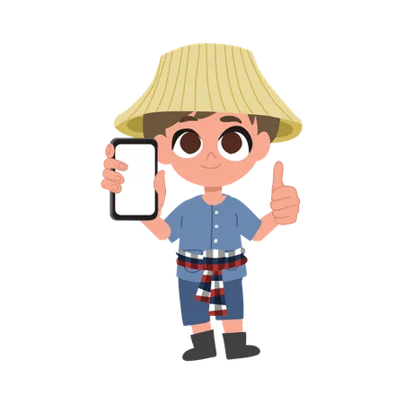 Agriculteur mignon avec smartphone  Illustration