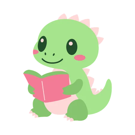 Adorable bébé dinosaure vert mascotte animal lisant un livre  Illustration