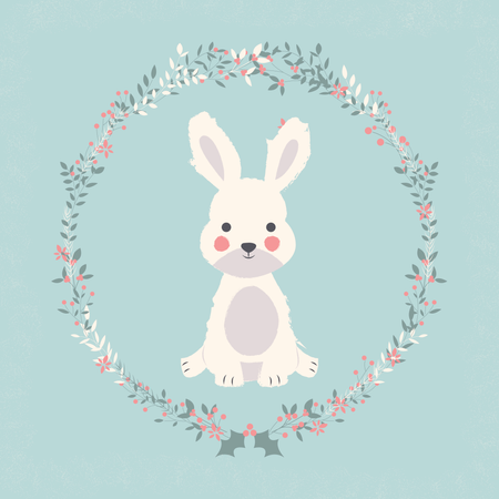 Joli bébé lapin en couronne de fleurs et de branches de Noël  Illustration