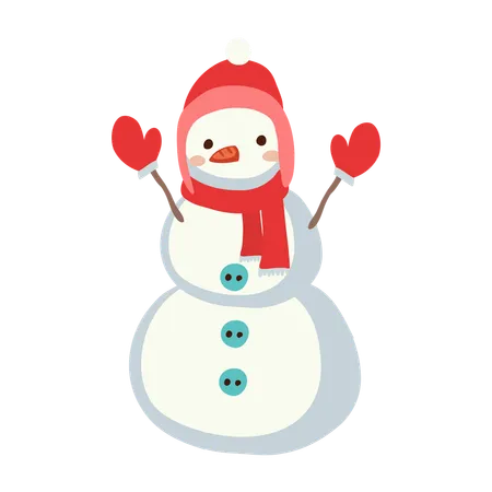 Bonhomme de neige mignon en tenue d'hiver portant des vêtements rouges  Illustration