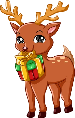 Cerf mignon portant un cadeau de Noël  Illustration