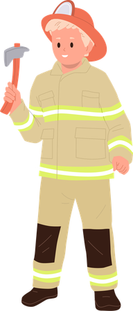 Un mignon petit pompier courageux en uniforme tenant une hache à incendie prêt à sauver des gens  Illustration