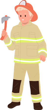 Un mignon petit pompier courageux en uniforme tenant une hache à incendie prêt à sauver des gens  Illustration