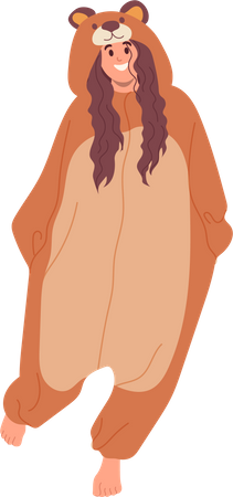 Jolie femme drôle portant un costume de pyjama kigurumi ours  Illustration