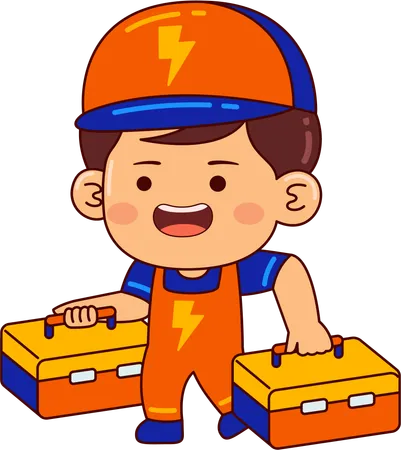 Joli garçon électricien tenant une boîte à outils  Illustration